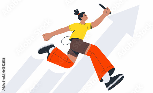 This dynamic illustration showcases a cartoon character leaping forward with a pen in hand, symbolizing creativity, determination, and forward momentum in a vibrant style.