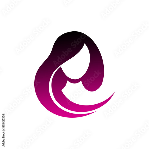 Stylized illustration of a mother holding a baby, depicted in purple and black gradient colors.