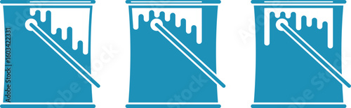 paint in industrial cans with drips, liquid paint in buckets with handles and lids