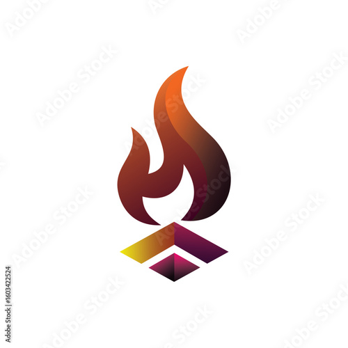 Stylized illustration of a flame rising from a geometric base, rendered with a gradient color scheme.