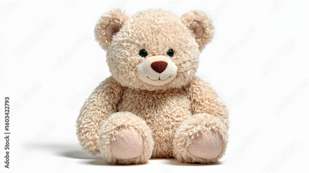 Obraz premium Beige teddy bear sits on a plain white background.