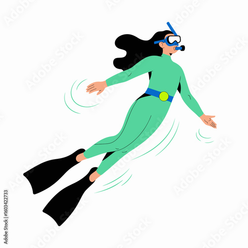 This dynamic illustration captures a diver gracefully swimming underwater, showcasing the thrill of exploration and the beauty of marine life in an exciting aquatic environment.