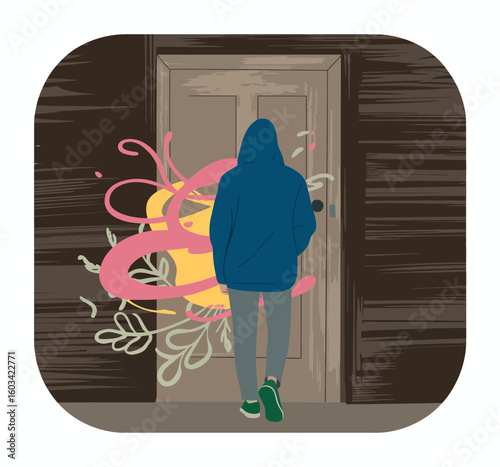 The illustration depicts a figure walking towards a door, surrounded by colorful artistic elements, symbolizing a journey towards new opportunities and creativity.