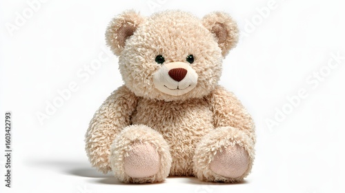 Beige teddy bear sits on a plain white background.