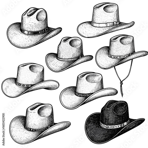 Vintage ink sketch cowboy hat collection – engraving or woodcut, hand-drawn doodle vector illustration