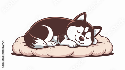 A heartwarming illustration of a sleeping dog curled up comfortably on a fluffy bed, embodying relaxation and peace in a cozy environment.