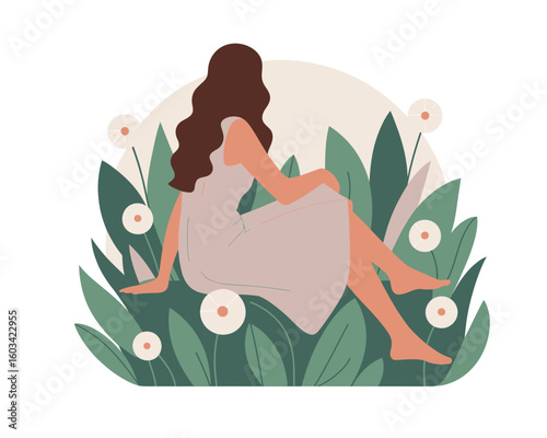 This elegant image features a woman in a dress sitting gracefully among lush greenery and flowers, symbolizing a connection to nature and a sense of tranquility.