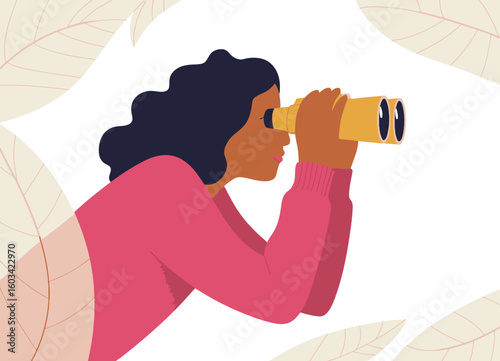 A woman in a cozy sweater is exploring nature with binoculars, symbolizing curiosity and adventure as she observes the beauty of the landscape from a serene perspective.