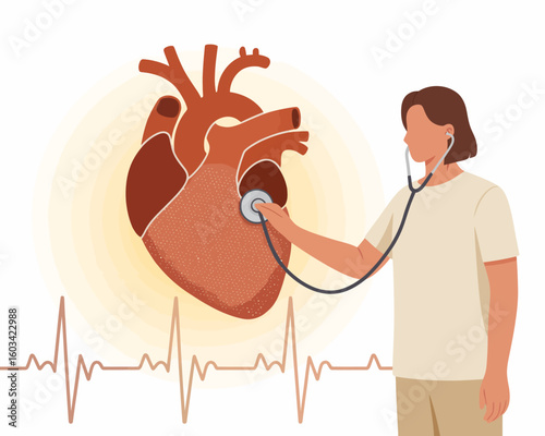 An illustration depicting a healthcare professional using a stethoscope to listen to a heart, emphasizing the importance of health, care, and attention in a medical setting.