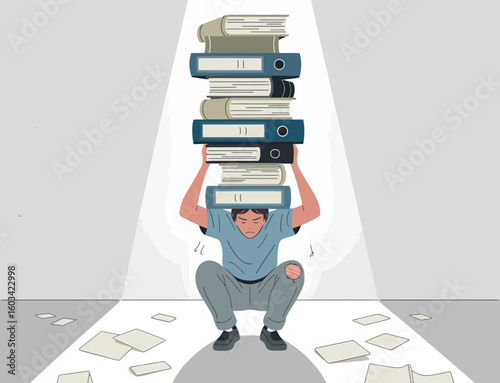 A graphic depiction of a stressed student squatting under the burden of stacked files and books, symbolizing the pressure of academic life and the struggle for balance.