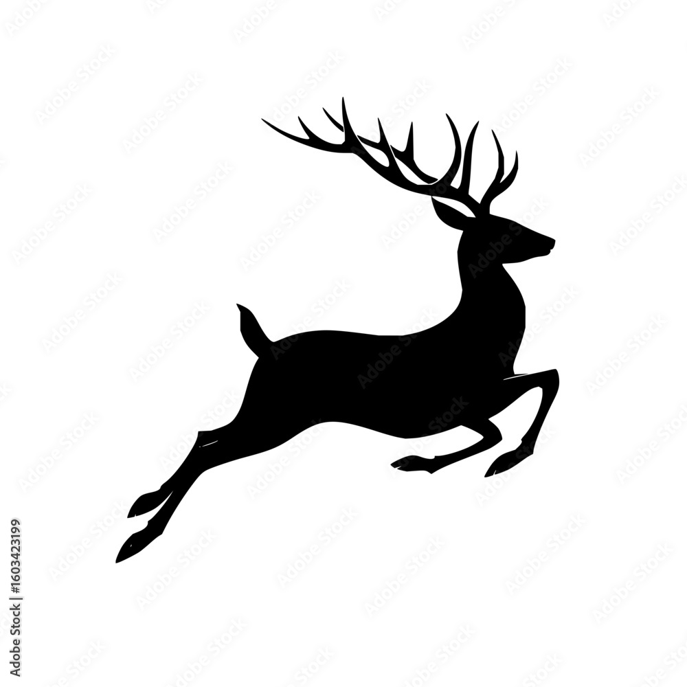 Fototapeta premium Silhouette of a leaping deer with large antlers against a white background in a simple graphic style