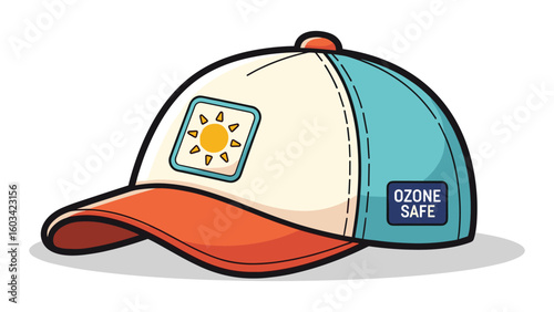 Stylish cartoon baseball cap with sun icon and ozone safe label illustration