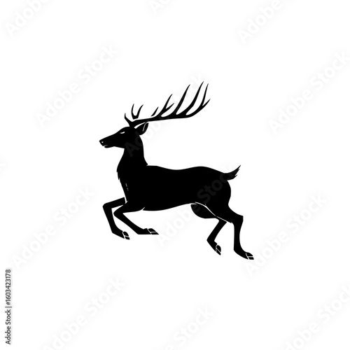 Silhouette of a leaping deer with large antlers in a dynamic pose against a white background design style
