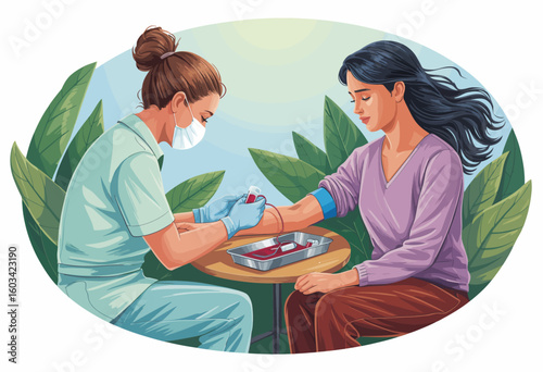 A healthcare professional gently prepares a patient for a blood draw, showcasing the compassion and care integral to medical procedures and patient well-being.