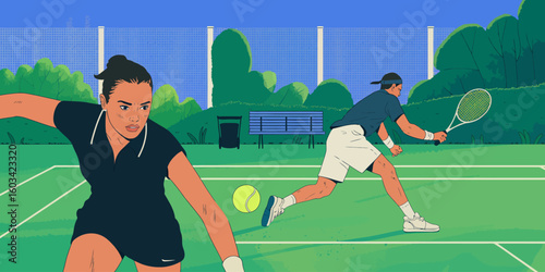 A dynamic illustration of two athletes engaged in a tennis match, highlighting focus, competition, and athleticism amid a lush green court setting.
