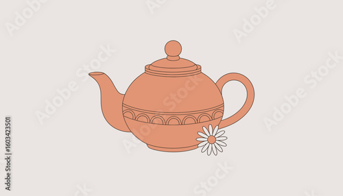 An elegant illustration of a teapot adorned with a delicate daisy, symbolizing warmth and hospitality, set against a soft background that enhances its charm and simplicity.