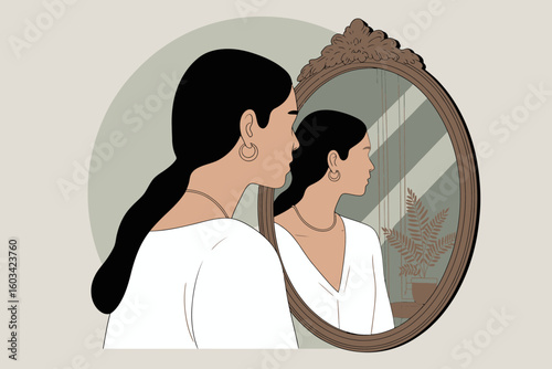 A thoughtful woman gazes into a vintage mirror, contemplating her reflection while surrounded by stylish decor, symbolizing introspection and self-awareness in a serene setting.