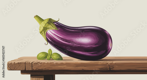 A beautifully rendered eggplant resting on a wooden table, highlighting the colors and textures of the vegetable, evoking freshness and culinary delight.