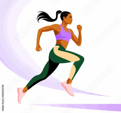 A determined woman dressed in stylish activewear is running with focus and intensity, symbolizing health, fitness, and the pursuit of personal goals in an energetic atmosphere.