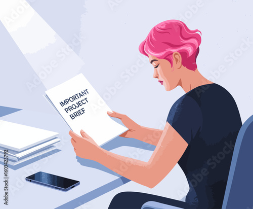 A focused woman with vibrant pink hair examines an important project brief, reflecting determination and engagement with her work, set in a modern, minimalist environment.