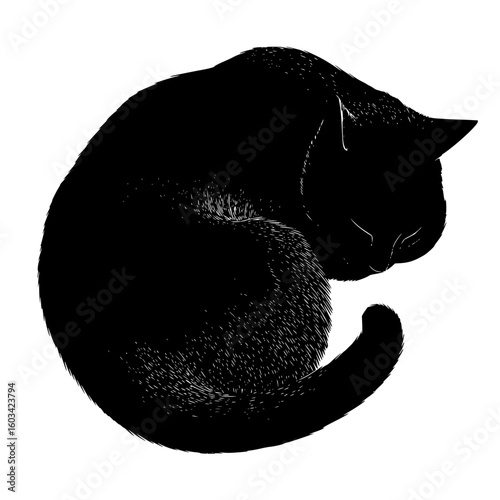 Illustration of a curled up black cat with its tail wrapped around its body on a white background space