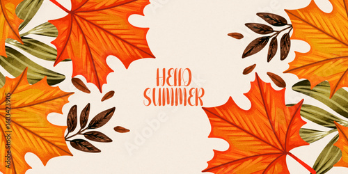 trendy art style abstract autumn with bright beautiful leaves, plants, autumn forest landscape. Fall background, template for advertising, sales, web and social media, print