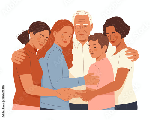 This warm illustration shows a diverse group of five family members sharing a heartfelt embrace, representing love, unity, and shared experiences across generations.