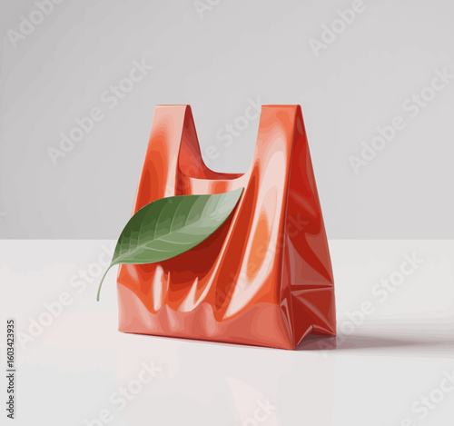 A striking red shopping bag featuring a green leaf, symbolizing sustainability and eco-friendliness, representing the balance between consumption and caring for nature.