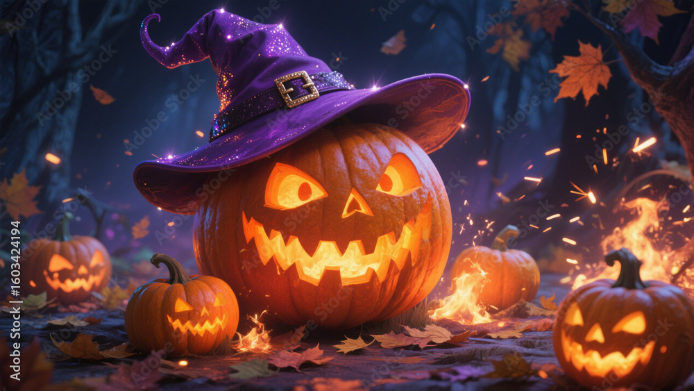 Naklejka premium A vibrant Halloween scene featuring a large, carved jack-o'-lantern with glowing orange eyes and an eerie grin. Halloween, Halloween Costumes, Halloween Background, Happy Halloween