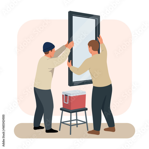 Two men collaborate on installing a glass window, showcasing teamwork, skill, and home improvement efforts in a domestic environment.
