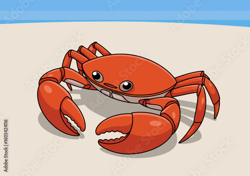 A charming illustration of a cute red crab on the beach, exuding playful summer vibes and capturing the essence of beach life and marine creatures, great for aquatic themes.