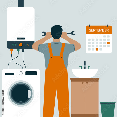 A skilled home repair technician works on plumbing equipment in a modern laundry room, emphasizing the importance of maintenance and quality in home services.