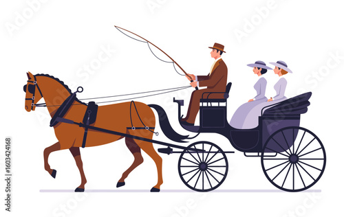 A refined horse-drawn carriage carrying elegantly dressed passengers, showcasing historical charm, romance, and a glimpse into a leisurely lifestyle of a bygone era.
