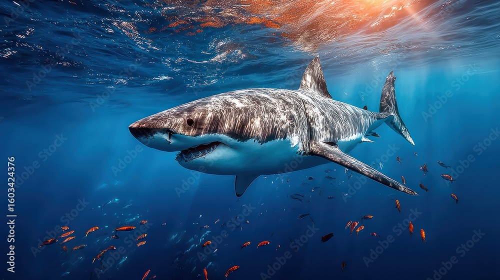 Fototapeta premium Great white shark in sunlit ocean