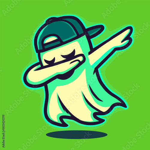 A cute ghost in a backwards cap strikes a dab pose with glowing edges, exuding mystery and swagger on a neon green background.