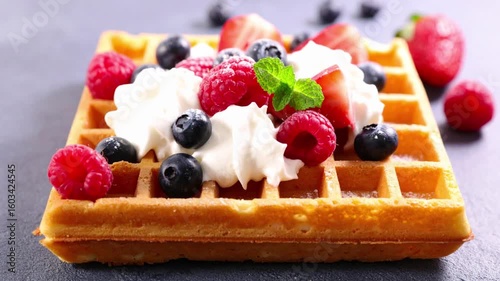 Waffle with red fruits and whipped cream