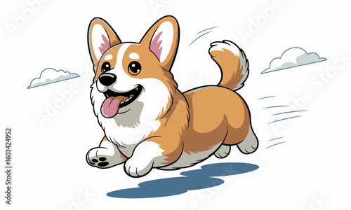 This lively illustration showcases a cheerful corgi energetically running, exuding happiness and playfulness, resonating with pet lovers and supporters of joyful moments.