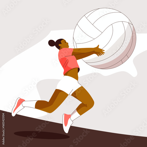 An energetic woman in athletic wear jumps to hit a volleyball, capturing the essence of sportsmanship, strength, and teamwork on the volleyball court.