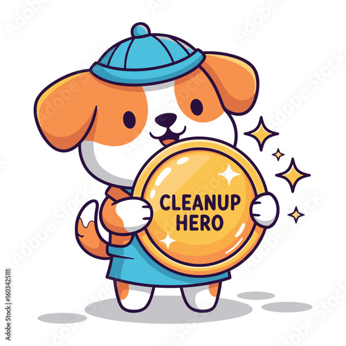 Cartoon Dog Mascot for Cleanup Campaign Wearing Uniform Holding Golden Badge Emblem