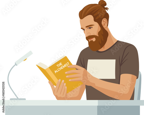 A man is deeply engaged in reading 'The Alchemist,' illustrating a moment of introspection and curiosity as he interacts with themes of dreams and personal legends.