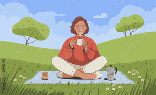 A serene outdoor picnic scene featuring a joyful woman sipping coffee amidst picturesque nature, emphasizing relaxation, enjoyment of life, and connection with nature.