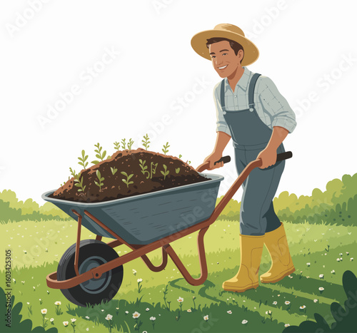 A cheerful young man is pushing a wheelbarrow filled with rich soil and budding plants through a vibrant green field under a clear blue sky, showcasing gardening and growth.