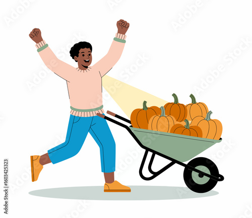 A happy person energetically pushes a wheelbarrow filled with vibrant pumpkins, celebrating the joy of harvest season and the fulfillment of hard work and nature's bounty.