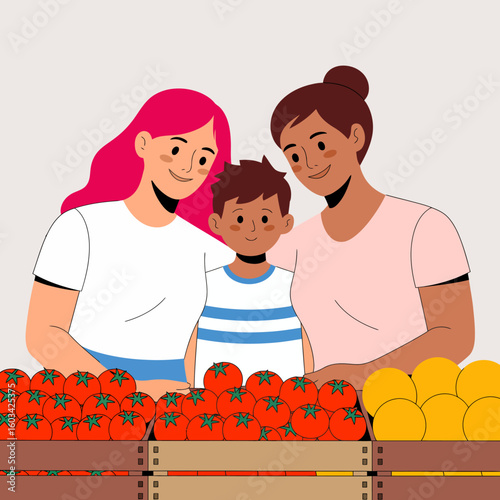A happy family stands together in a marketplace, smiling as they look at a colorful display of fresh tomatoes and oranges, representing togetherness and healthy eating.