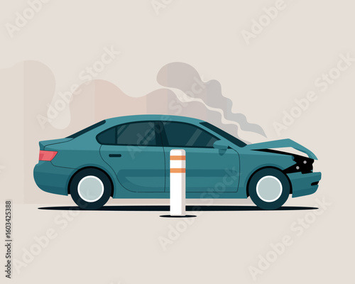 An illustration of a damaged car, showing a broken front end and smoke coming out, symbolizing vehicle accidents, misfortunes, and the need for repairs.