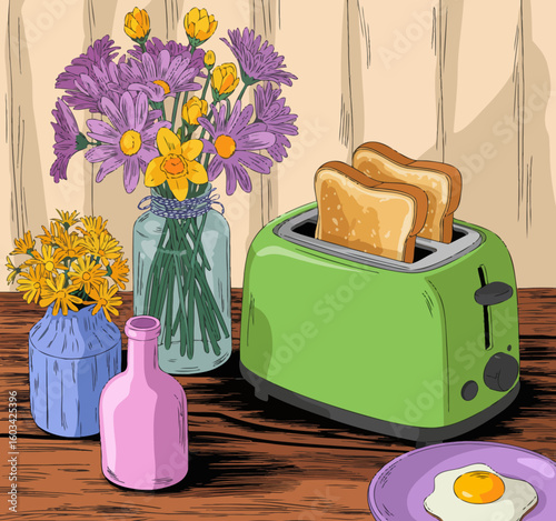 A charming kitchen arrangement featuring a playful green toaster, fresh flowers, and toast, evoking warmth and comfort in a lively domestic setting.