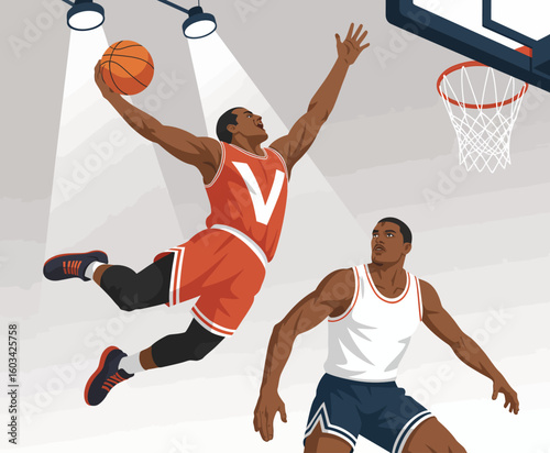 A powerful athlete leaps to dunk a basketball, exemplifying strength and skill in action during an exciting moment on the court, highlighting the energy of sports and competition.