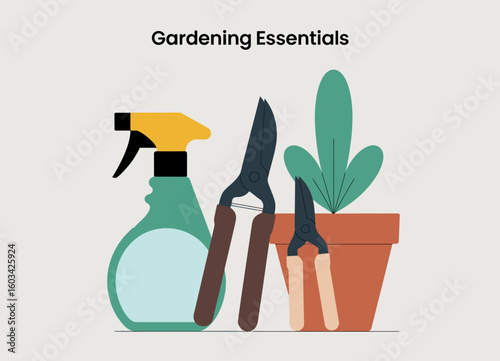 A collection of essential gardening tools is displayed, including a spray bottle, pruning shears, and a potted plant, suggesting care for greenery and home gardening.