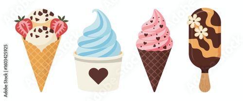 This colorful assortment showcases different delicious ice cream treats, from cones to popsicles, delivering a visual feast that delights the senses with tempting flavors and textures.