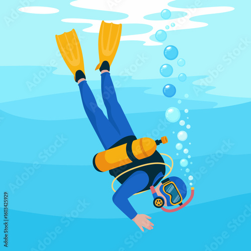An engaging illustration of a scuba diver exploring underwater surroundings, showcasing bubbles and diving gear, representing adventure and exploration in aquatic environments.